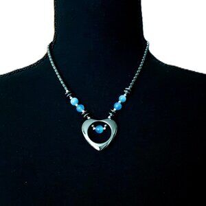 Vintage Hematite Heart Pendent Necklace Blue Glass Beads